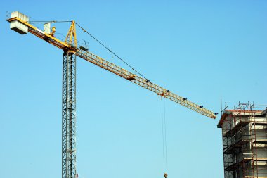 Yellow whooping crane close to unfinished buildings clipart