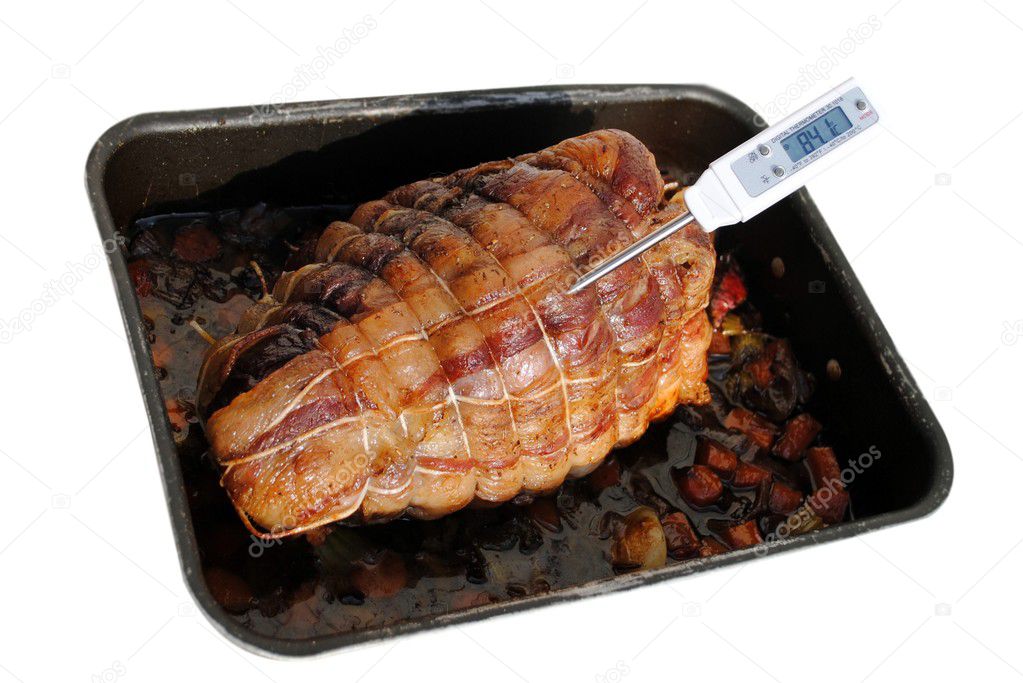 Cooked roast of pork with a meat thermometer isolated on white