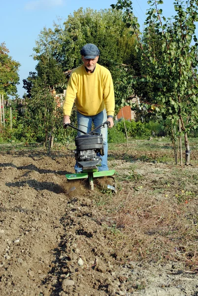 Homem de meia idade com um rototiller no jardim — Fotografia de Stock