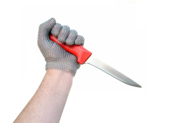 Άνθρωπος χέρι με γάντι χασάπη και μαχαίρι που απομονώνονται σε λευκό φόντο — Φωτογραφία Αρχείου