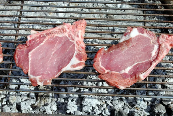 Costeletas de porco cruas grelham em um churrasco — Fotografia de Stock