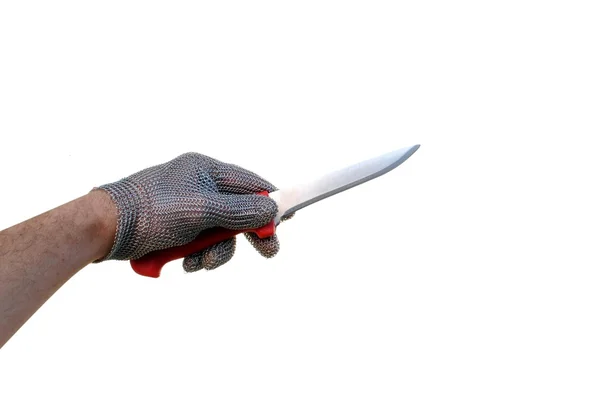 Main d'homme avec un gant de boucher et couteau isolé sur fond blanc — Photo