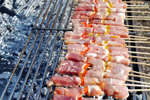 Raw pork kabobs grill on skewers on a barbecue — Stock Photo, Image