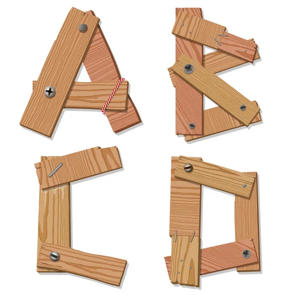 Rustieke houten lettertype alfabet letters abcd — Stockvector