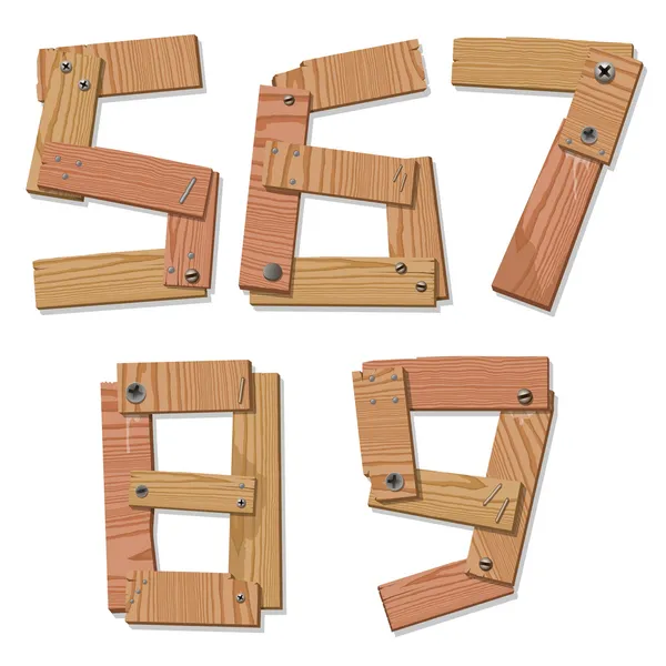 Rústico madeira fonte dígitos números letras 56789 — Vetor de Stock