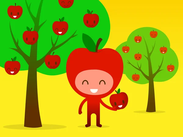 Χαμογελώντας φρούτα picking μήλων στο περιβόλι — Διανυσματικό Αρχείο