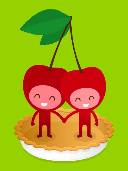 Friendly Cherry Couple On Pie — Stock Vector