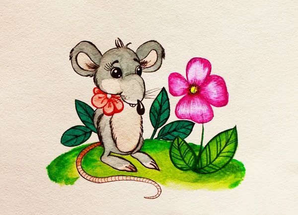 꽃과 함께 쥐입니다. 수채화 그림. — 스톡 사진