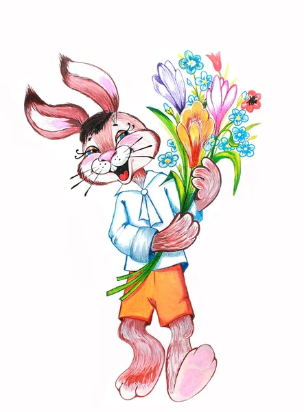 Hare med en blommor. akvarellmålning. — Stockfoto