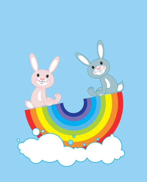 Два милых кролика на радуге — стоковый вектор