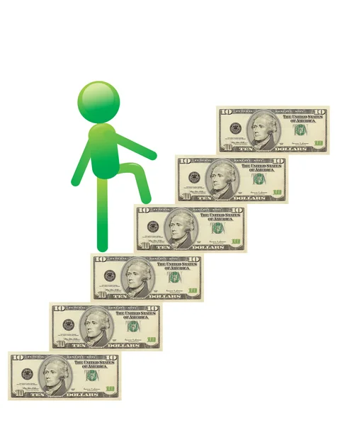 Grüner Mann geht auf die Treppe des Dollars — Stockfoto