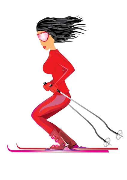 Women with big bust skiing on a slope. — Stock Vector