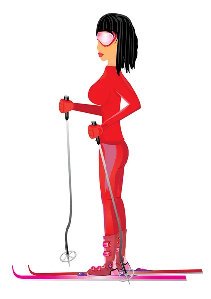 Femmes avec gros buste ski sur une pente . — Image vectorielle