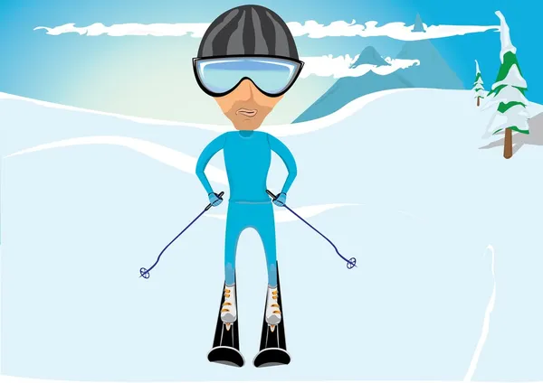 Young man on ski on a slope — Stock Vector