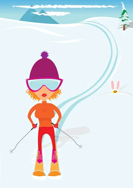 Glamour menina esquiando em uma encosta — Vetor de Stock