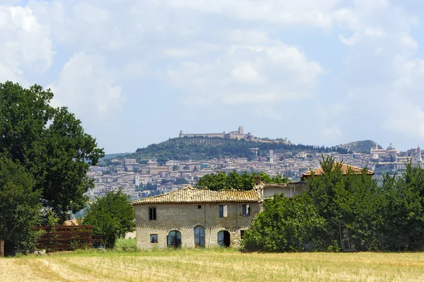Assisi, panorama ve eski çiftlik — Stok fotoğraf