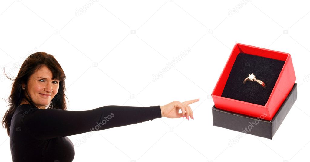 Woman pointing to a box with a ring