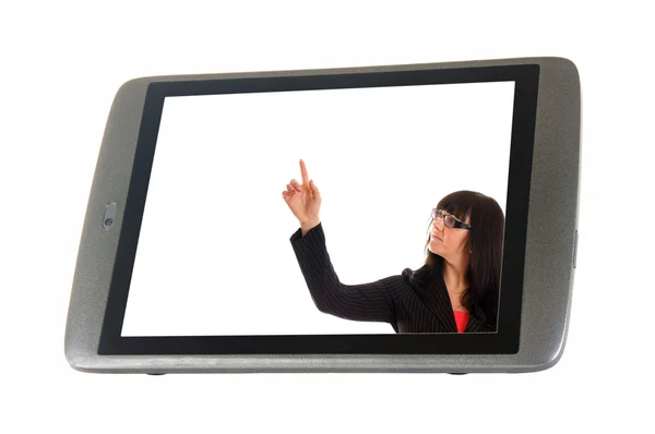 Tablet Pc e mulher apontando um dedo para cima — Fotografia de Stock