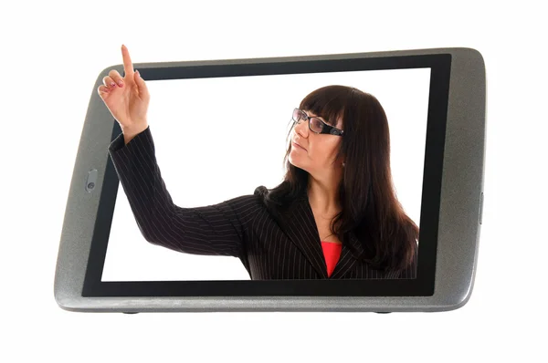 Tableta PC y mujer señalando un dedo hacia arriba — Foto de Stock