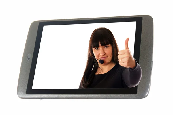 Tablet Pc e mulher mostrando polegares para cima — Fotografia de Stock