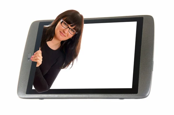 Tablette PC et femme regarde dehors Images De Stock Libres De Droits