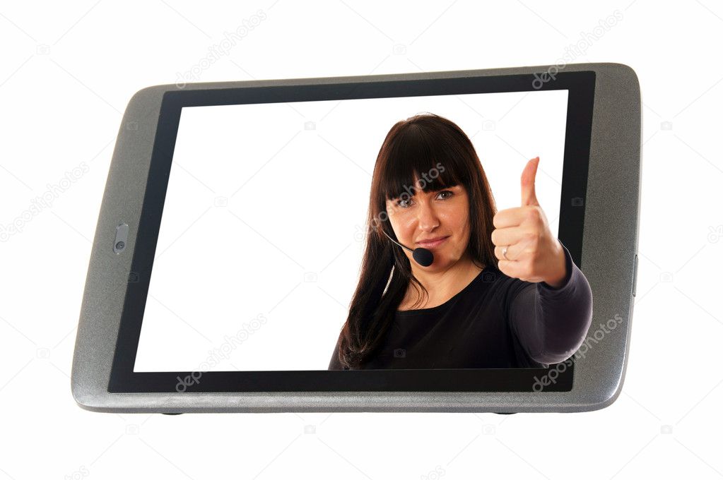 Tablet Pc and woman showing thumbs up
