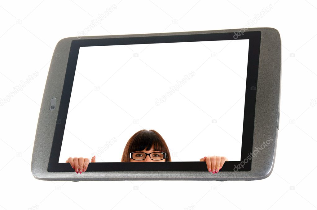 Tablet PC and woman looks out