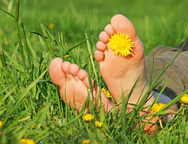 Fötter i grönt gräs — Stockfoto