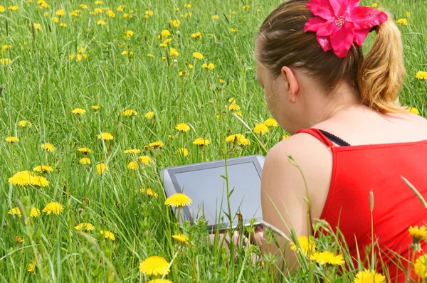 stock image Working with a Tablet PC in nature