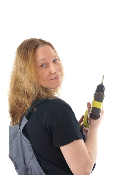 Woman with battery drill — Stock Photo, Image