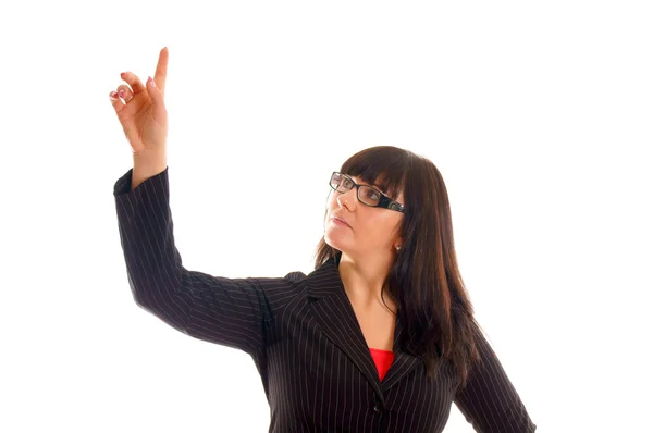 Mujer joven señalando un dedo hacia arriba —  Fotos de Stock