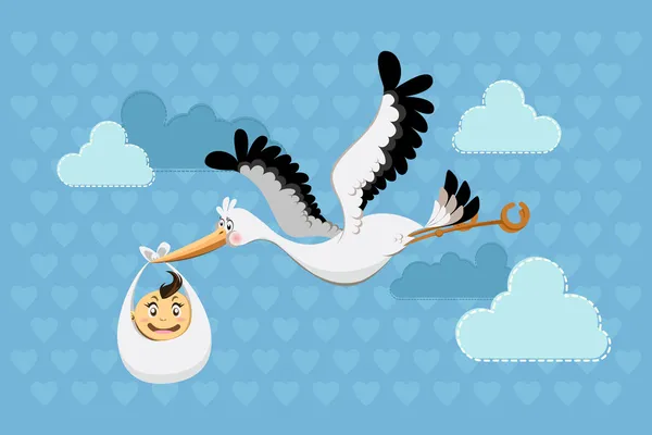 Flying Stork Delivery Baby Boy — Stock Vector