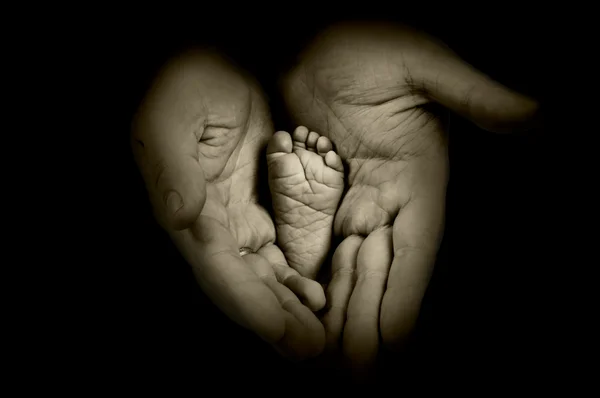 Babys Bottensatser i far händer på monokroma bakgrunden — Stockfoto
