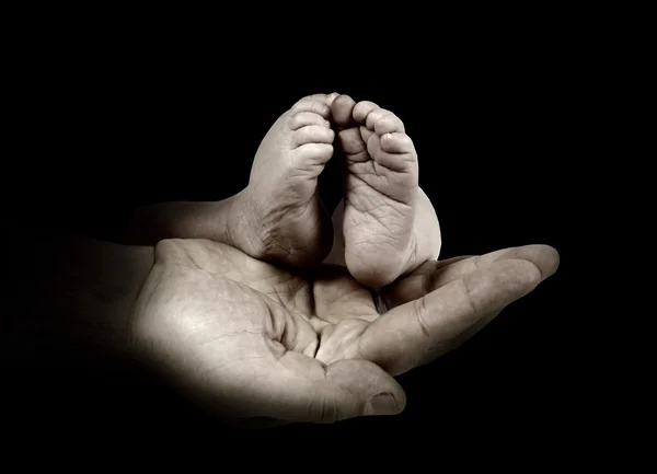 Babys piedini nelle mani del padre sullo sfondo monocromatico — Foto Stock