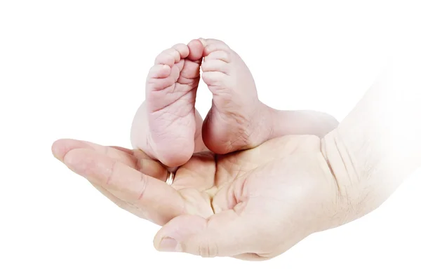 Babys piedini nelle mani del padre sullo sfondo monocromatico — Foto Stock