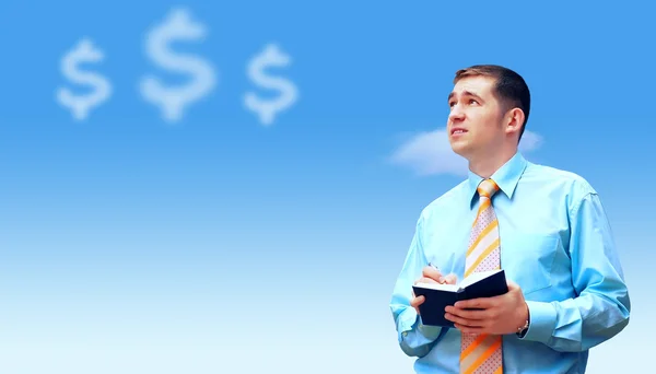 Hasppiness businessman under blue sky with clouds — Stock Photo, Image
