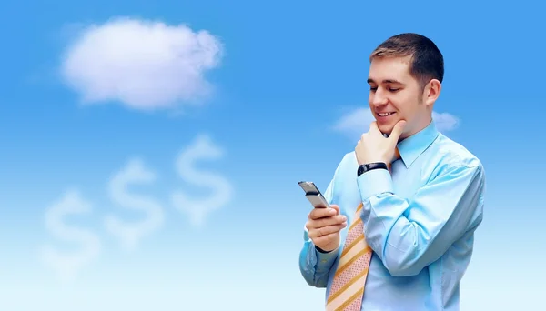 Hasppiness businessman under blue sky with clouds — Stock Photo, Image