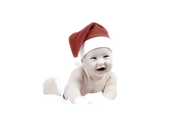 Sonriente bebé en año nuevo sombrero aislado en el blanco — Foto de Stock