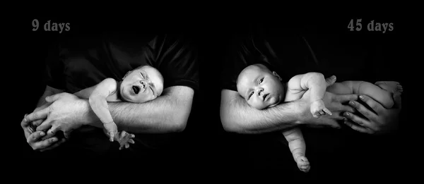生まれたばかりの赤ちゃんの父親の手に — ストック写真