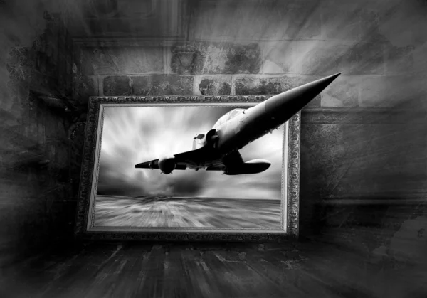 Military airplane on the speed, grunge background — Stock Photo, Image