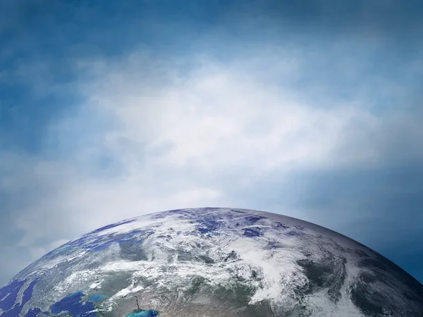 Barnet sitter på planetjorden med glober i händer — Stockfoto