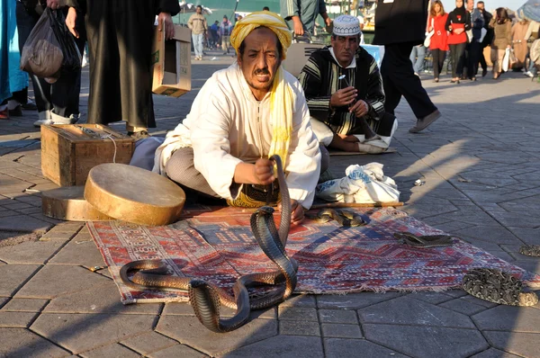 耍蛇人在 djemaa el fna 广场在马拉喀什 — 图库照片