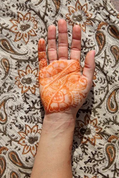 Hand decorated with traditional Indian henna tatoo — Stock Photo, Image