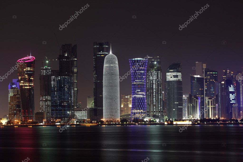 Doha skyline at night, Qatar, Middle East