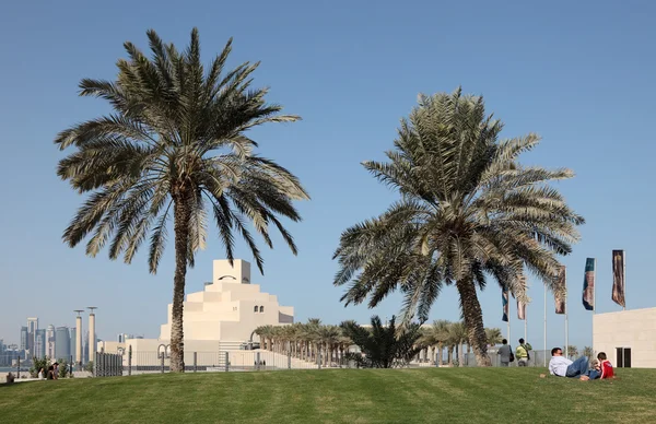 Pohon palem di depan Museum Seni Islam di Doha, Qatar . — Stok Foto