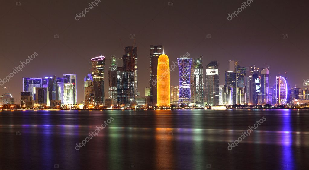 Doha skyline at night, Qatar, Middle East