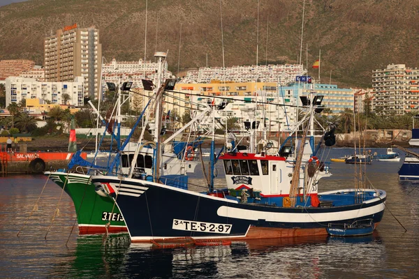 Vissersboten in de haven van los cristianos, Canarische eiland tenerife — Stockfoto