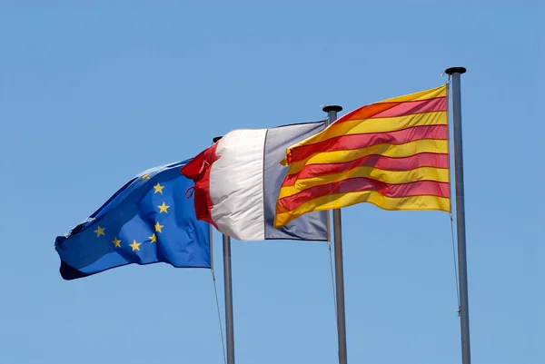 Flags of Roussillon, France and European Union — Stock Photo, Image