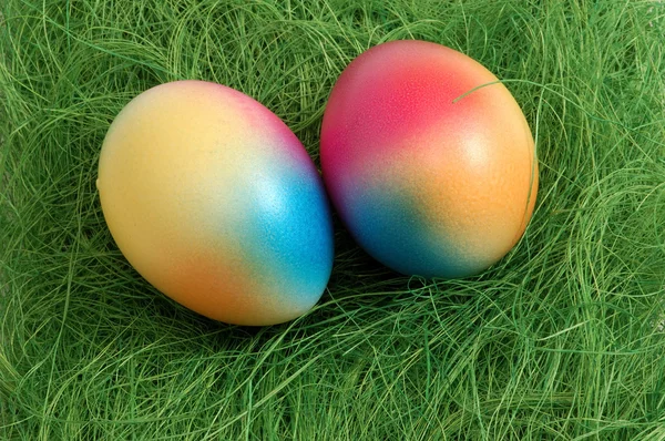Due uova di Pasqua colorate in un nido verde — Foto Stock