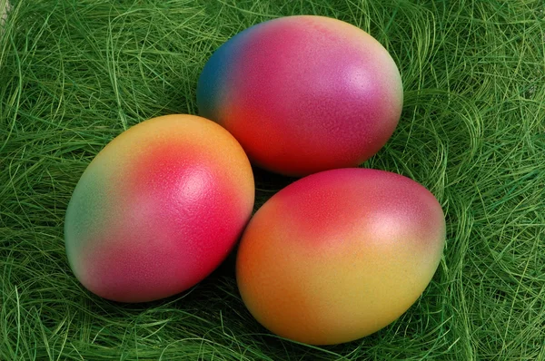 Tre uova di Pasqua in un nido verde — Foto Stock
